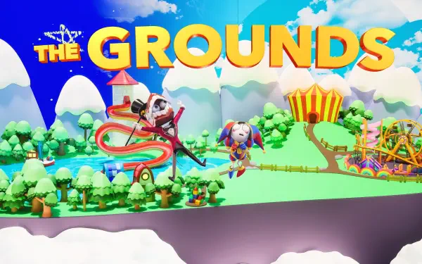 HD PC desktop wallpaper from The Amazing Digital Circus TV show: THE GROUNDS title above a bright, floating carnival scene with slides, rides, tents and two cartoon characters among clouds.