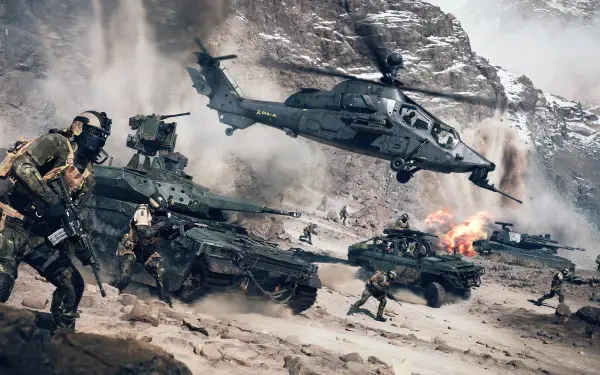4K Ultra HD PC desktop wallpaper from the video game Battlefield 6: wartime scene with soldiers, tanks and an attack helicopter over rocky snow, explosions and smoke.