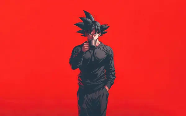 4K Ultra HD PC desktop wallpaper: Goku (Dragon Ball Super) anime portrait in black outfit standing against a bold red background.