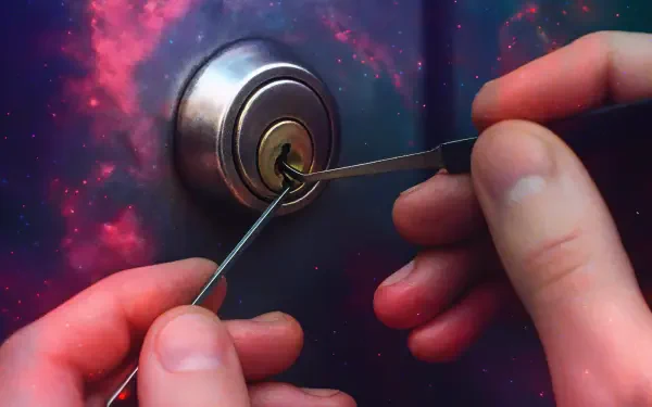 Close-up of hands lockpicking a cylinder lock against a purple galaxy backdrop — 4K Ultra HD PC desktop wallpaper and background.