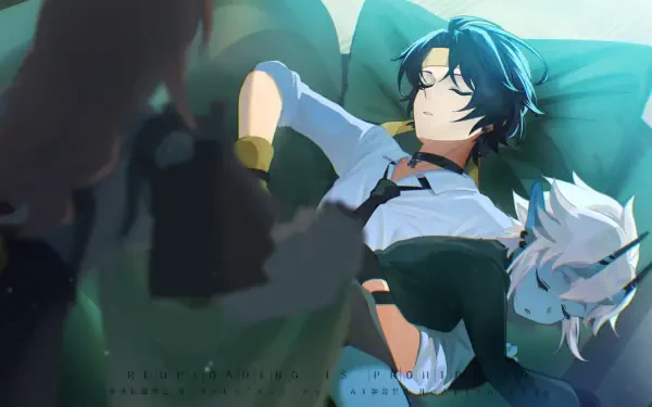 HD PC desktop wallpaper of Yanagi and Soukaku from Zenless Zone Zero: Yanagi reclining on a couch with teal cushions, Soukaku asleep beside them in soft, warm lighting.