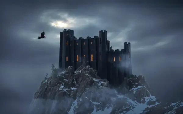 4K Ultra HD PC desktop wallpaper and background: a dark fortress perched on a snowy cliff under stormy skies, warm lights in its windows and a lone bird circling.