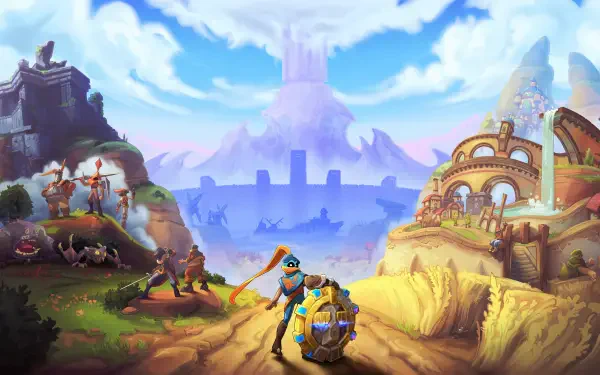 Vibrant gaming art from the video game The Knightling: a heroic knight and shield-bearer walk a sunlit road toward a distant castle, rendered as a 4K Ultra HD PC desktop wallpaper and background.