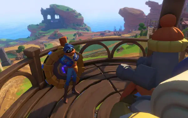 4K Ultra HD PC desktop wallpaper/background from the video game The Knightling: a small armored knight on a wooden turret gazes across colorful, rolling island landscapes.