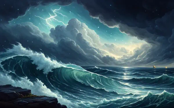 4K Ultra HD PC desktop wallpaper: stormy sea with towering waves, churning foam, lightning-lit clouds and distant sailboats.