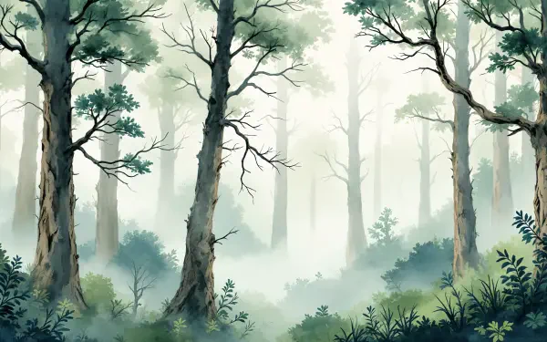 Misty Forest 4K Ultra HD PC desktop wallpaper and background: ethereal fog drifting among tall trees and lush green undergrowth.