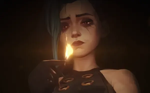 HD PC desktop wallpaper of Jinx (League of Legends, Arcane Season 2): close-up of her tearful face and blue hair lit by a lighter, Netflix MOBA-themed background.
