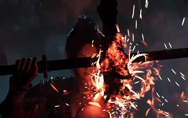 HD PC desktop wallpaper for the video game Wuchang: Fallen Feathers — silhouetted warrior grips a horizontal sword as flames and sparks erupt from its center against a dark, moody backdrop.