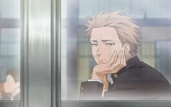 HD anime desktop wallpaper: Rintarou Tsumugi from The Fragrant Flower Blooms With Dignity, gazing pensively out a window with hand on chin, bathed in soft light and muted tones.