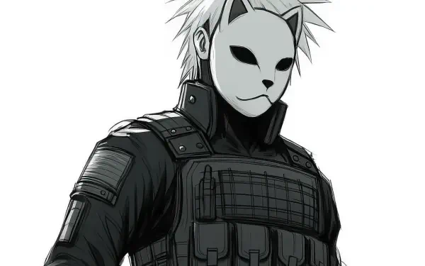 Black-and-white HD PC wallpaper of Naruto's Kakashi Hatake in ANBU uniform, wearing a fox mask and tactical vest, spiky hair and stark background.