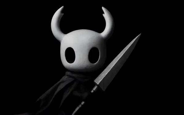 Dark 4K Ultra HD PC desktop wallpaper: the Hollow Knight protagonist with horned white mask and nail weapon silhouetted against a black background.