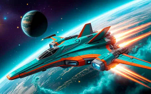 Futuristic teal-and-orange starship streaks above a glowing planet and distant moon through a vivid starfield — 4K Ultra HD PC desktop wallpaper and background evoking space travel.