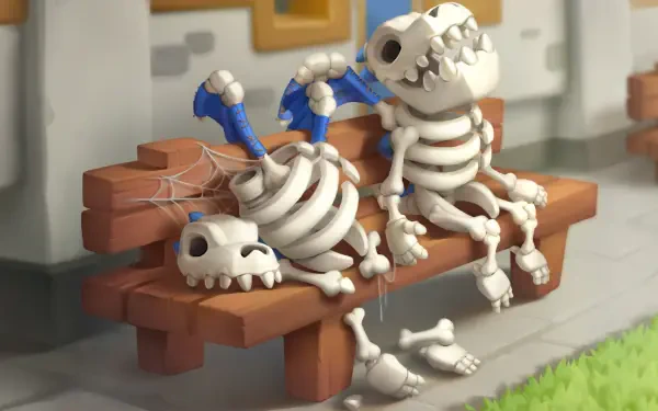HD PC desktop wallpaper of Clash Royale mobile game featuring cartoon skeletons and a small skeleton dragon lounging on a bench by a castle wall.