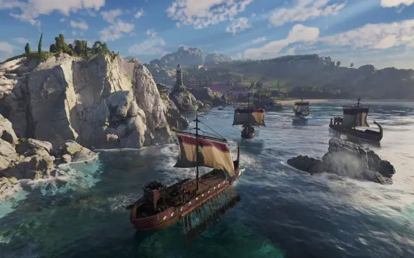 4K Ultra HD PC desktop wallpaper/background from the video game Anno 117: Pax Romana — medieval coastal scene with sailing ships approaching a rocky harbor under a bright sky.