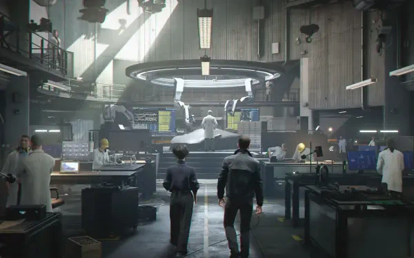 HD PC desktop wallpaper (video game: 007 First Light) — two figures enter a high-tech laboratory filled with scientists, workstations and a central illuminated examination table.