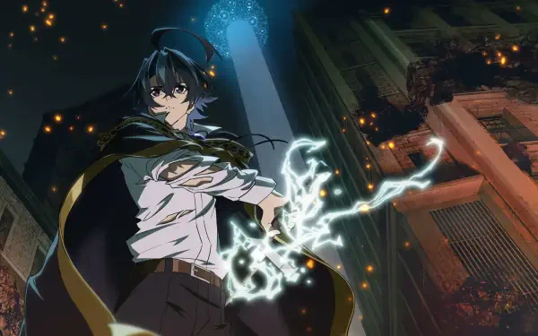 Anime HD PC desktop wallpaper: Wistoria: Wand and Sword by Will Serholt — a dark-haired mage in a cloak summons crackling lightning amid a neon-lit city night.