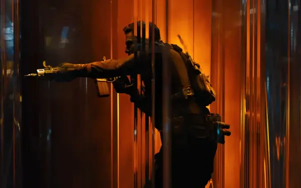 Silhouetted soldier aiming a rifle through vertical glowing panels in fiery orange, Call of Duty: Black Ops 7 4K Ultra HD PC desktop wallpaper.