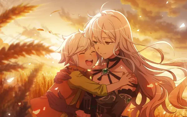 Bell Cranel embraces Alfia in a golden wheat field at sunset, HD desktop wallpaper from Is It Wrong to Try to Pick Up Girls in a Dungeon?