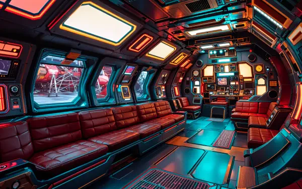 4K Ultra HD PC desktop wallpaper and background — futuristic spaceship interior: curved cabin with red leather benches, glowing control consoles and panoramic windows revealing deep space.