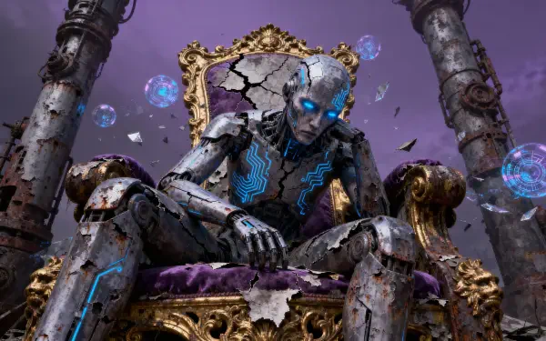 4K Ultra HD sci-fi PC wallpaper: battle-scarred robot with glowing blue eyes and circuitry slumps on a cracked gilded throne amid floating holographic spheres.