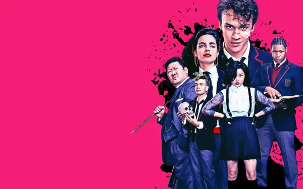 Deadly Class TV show 4K Ultra HD PC desktop wallpaper: group of students in dark uniforms holding weapons against a vivid pink background.