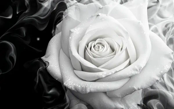 Close-up white rose with dew drops against swirling black smoke, high-contrast 4K Ultra HD PC desktop wallpaper background.