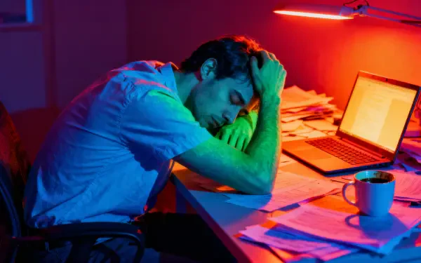 Burnt out — 4K Ultra HD PC desktop wallpaper of an exhausted person slumped over a cluttered desk in red-blue neon light, with a laptop, scattered papers and a coffee mug.