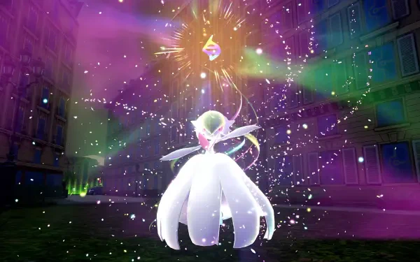 Video game HD PC desktop wallpaper of Gardevoir from Pokémon Legends Z-A glowing as it faces a radiant floating gem, surrounded by multicolored sparkles and cascading light beams.