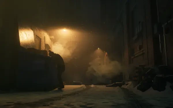 4K Ultra HD PC desktop wallpaper from the video game Vampire: The Masquerade — Bloodlines 2: a shadowed figure in a foggy, lamp-lit alley at night.