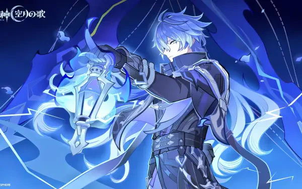 HD PC wallpaper: Flins from Genshin Impact — a blue-lit anime boy wielding a glowing lantern, flowing cloak and ethereal ribbons against a starry night backdrop.