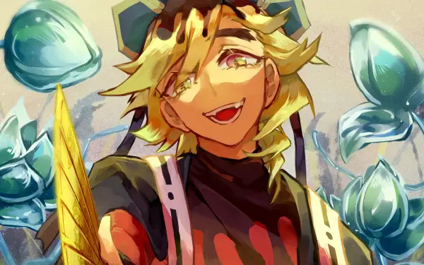 4K Ultra HD PC desktop wallpaper background of Doma from Demon Slayer: Kimetsu no Yaiba, grinning with golden hair and glassy blue flower-like droplets floating around him.