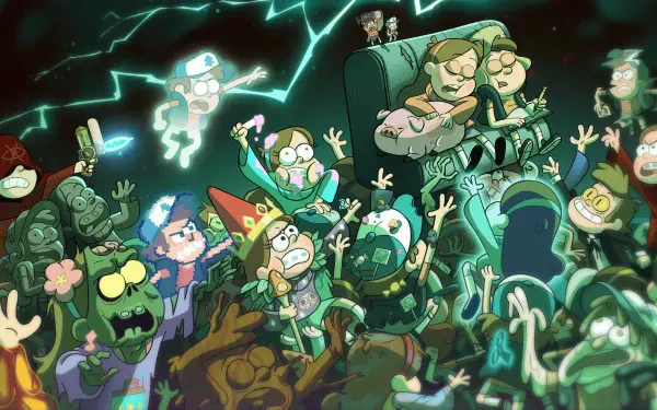 4K Ultra HD Gravity Falls cartoon desktop wallpaper showing Mabel and Dipper Pines amid glowing green supernatural chaos with other characters.