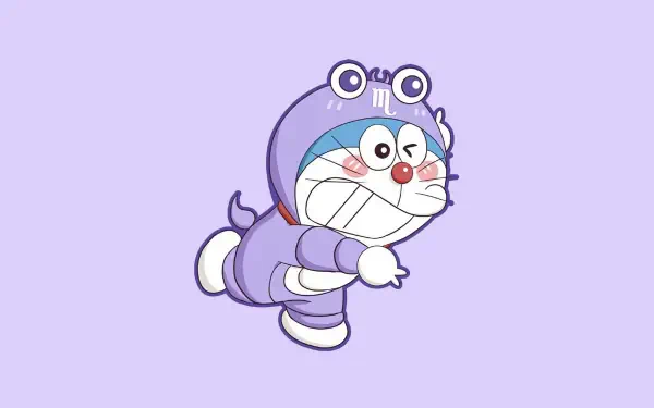 Anime Doraemon in a purple hooded costume, winking and mid-leap on a soft lavender background — HD PC desktop wallpaper and background.
