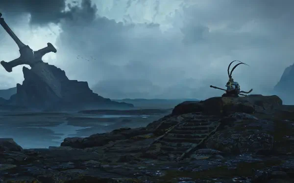 HD PC desktop wallpaper of Black Myth: Wukong — moody coastal gaming environment with silhouetted Sun Wukong on rocky ruins and a colossal broken sword under stormy skies.