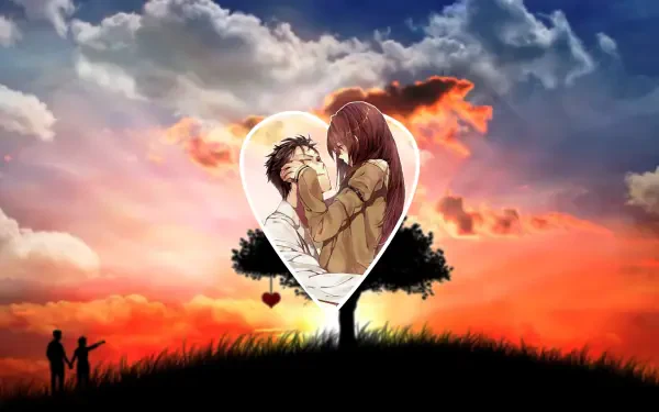 Retro Steins;Gate anime HD PC desktop wallpaper: Rintaro Okabe and Kurisu Makise embrace within a heart-shaped tree silhouette against a vivid, retro sunset sky.