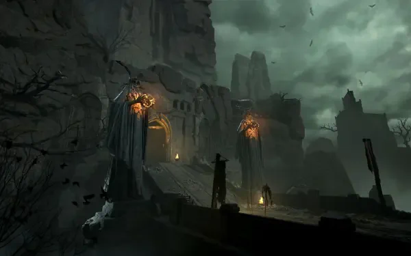 4K Ultra HD PC desktop wallpaper/background of Mistfall Hunter (video game): a lone hunter approaches a torch-lit, bat-haunted fortress beneath green storm clouds and swirling mist.