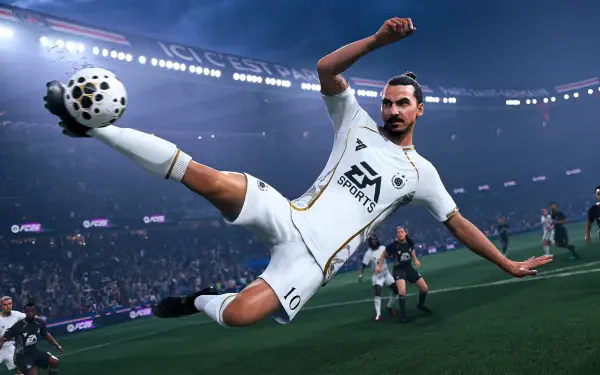 HD PC desktop wallpaper/background of EA Sports FC 26: video game scene of a celebrated striker in white kit executing a flying kick in a packed stadium.