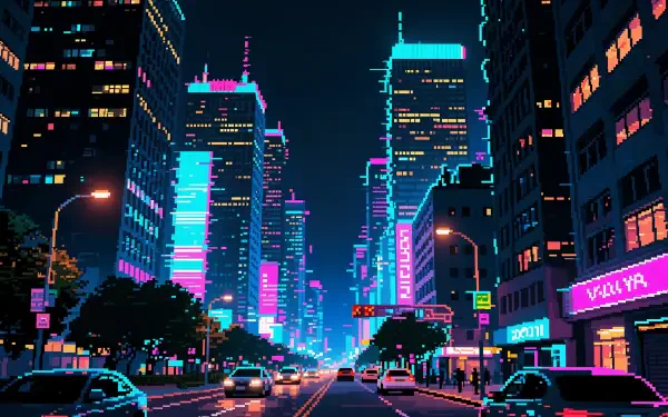 City night neon streetscape with glowing skyscrapers, traffic and lit storefronts in a cyberpunk palette — 4K Ultra HD PC desktop wallpaper and background.