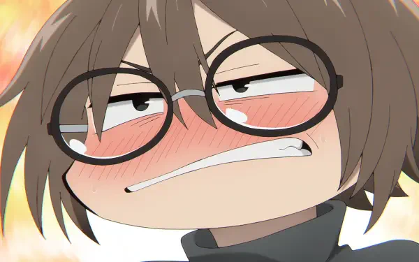 Anime: Close-up HD PC desktop wallpaper of Anko Uguisu from Call of the Night — flushed, mischievous expression with round glasses and a crooked grin.