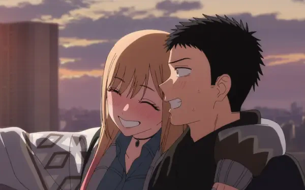 HD PC desktop wallpaper: Marin Kitagawa and Wakana Gojo from the anime My Dress-Up Darling share a warm, laughing moment on a rooftop at sunset with a city skyline behind them.