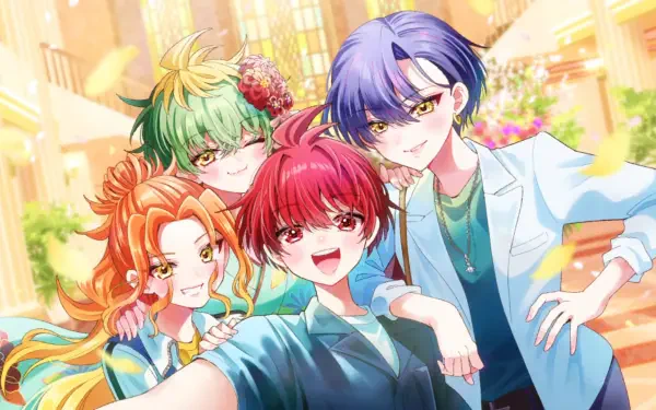 Anime HD PC desktop wallpaper for Dealing with Mikadono Sisters Is a Breeze: four colorful siblings smiling and posing on a sunlit, flower-lined street.