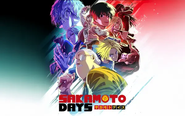 Sakamoto Days 4K Ultra HD PC desktop wallpaper: dynamic group shot of Sakamoto and allies against a red-green split background, bold series logo at the bottom.