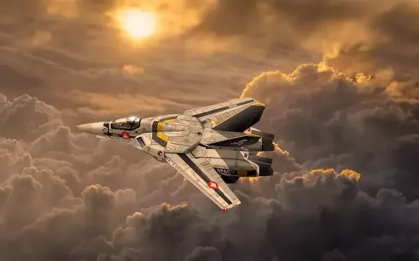 Robotech/Macross variable fighter jet (Valkyrie) soaring above golden clouds at sunset, 8K Ultra HD PC desktop wallpaper.