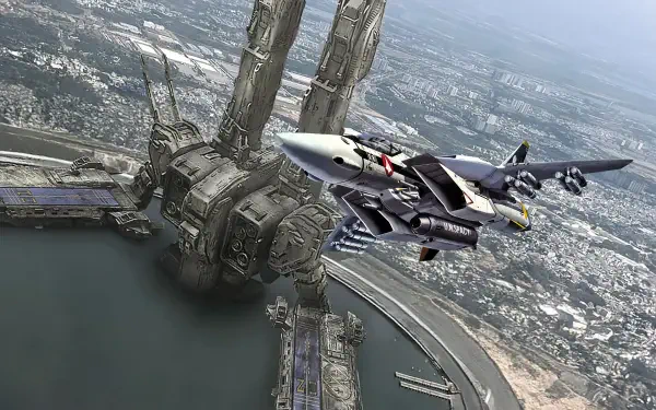 4K Ultra HD PC desktop wallpaper background: Robotech/Macross fighter jet flies past a colossal orbital fortress over a sprawling coastal city.