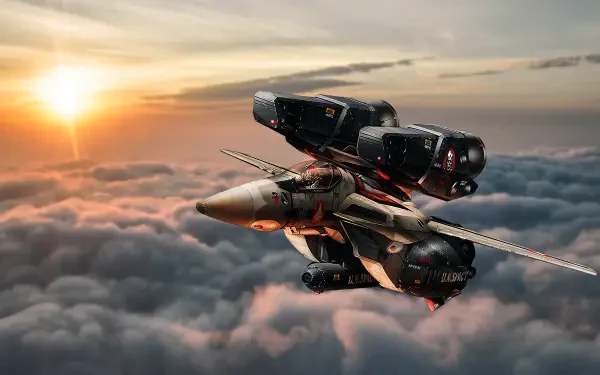 Robotech/Macross fighter soars above sunlit clouds at sunset, cinematic 4K Ultra HD PC desktop wallpaper background.