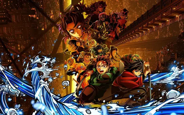 4K Ultra HD PC desktop wallpaper of Demon Slayer: Kimetsu No Yaiba - The Movie: Infinity Castle, featuring Tanjiro, Nezuko and companions bursting through swirling water and flames.