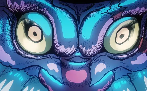 Close-up of a menacing blue monster face with bulging eyes in One Piece anime style — HD PC desktop wallpaper/background by Jaygarcia Saturn.