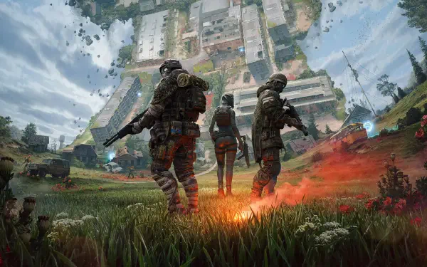 HD PC desktop wallpaper for video game Active Matter — gaming art showing three armed soldiers crossing a grassy field toward a fractured, towering city as a red flare glows at their feet.