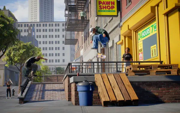 HD PC desktop wallpaper/background from Skate (Game): skateboarder lands a trick off a wooden ramp in a sunlit urban gaming environment near a pawn shop.