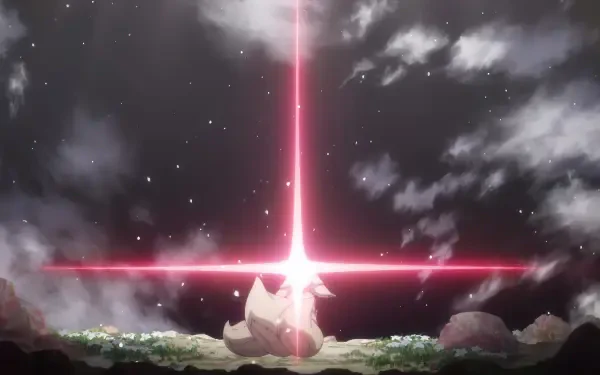 8K Ultra HD PC desktop wallpaper of Faputa (Made in Abyss) kneeling on a grassy cliff as a vivid pink, cross-shaped beam of light blooms into the starry night.